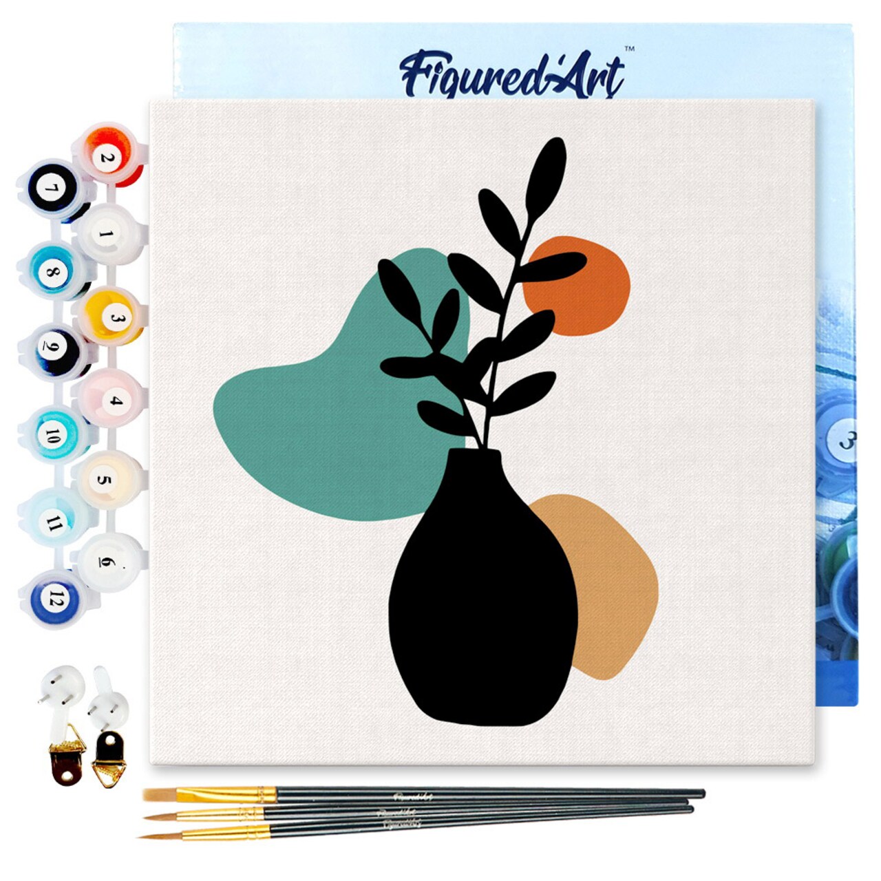 Figured'Art Mini Paint by Numbers Kit for Adults with Frame Abstract Plant Pot Set 2 of 3 Small format 8"x8" - Craft Art Painting DIY Canvas Already Stretched on a Wooden Frame
